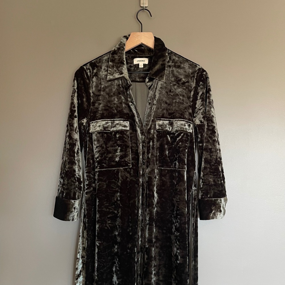 L'Agence Cameron Velvet Maxi Shirt Dress Green Size Small Long Sleeve Chic Sexy - Picture 5 of 16